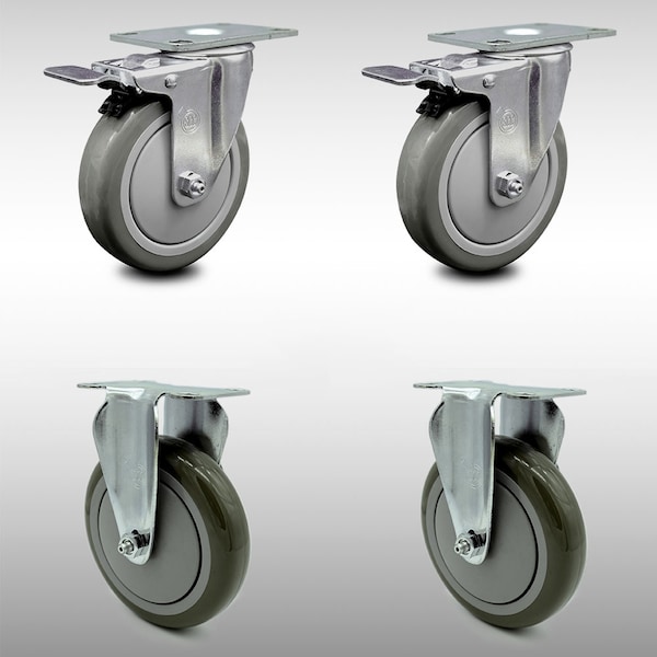 5 Inch SS Gray Polyurethane Top Plate Caster Lock Brake 2 Rigid SCC, 2PK